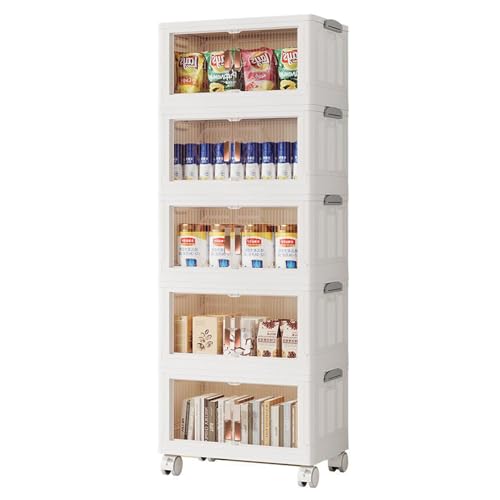 HUIMOZ Lagerbehälter mit Deckel, stapelbare Kunststoffbehälter, zusammenklappbare Aufbewahrungsbox, Lagerschrank mit Tür, weiße Schrank-Organizer für die Organisation von HUIMOZ