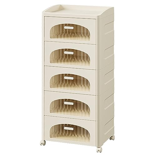 HUIMOZ Minimalistischer, weißer Badezimmerschrank aus Metall mit 5 Ebenen, mehrschichtigen Schubladen und transparentem Regal auf Rädern von HUIMOZ