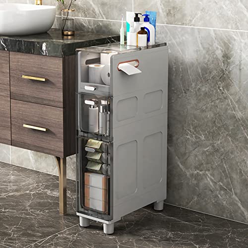 HUIMOZ Schlanker Badezimmer-Hochschrank aus Kunststoff mit 5 durchsichtigen Schubladen und Rollen. Platzsparende Aufbewahrungslösung für kleine Räume von HUIMOZ