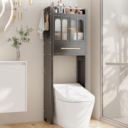 HUIMOZ Schwarzer Aufbewahrungsschrank über der Toilette – bodenstehendes Badezimmerregal mit Doppeltüren, platzsparendes Regal für ordentliche Toiletten und effiziente Aufbewahr von HUIMOZ