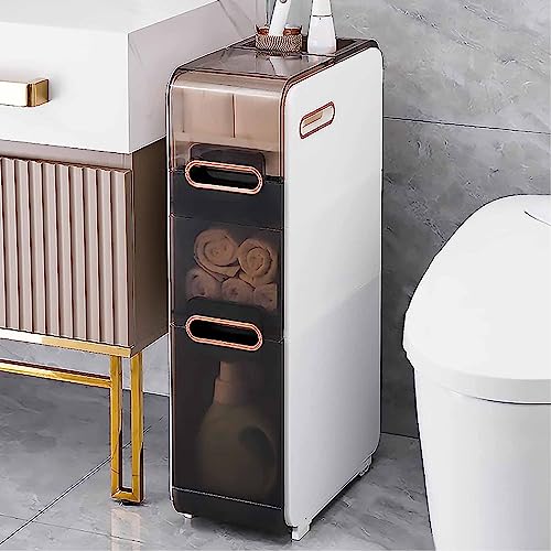 HUIMOZ Weißer, schmaler Badezimmerschrank mit Toilettenpapierhalter, Ständer und ausziehbaren Schubladen. Freistehender Hochschrank für Küche, Waschküche, Wohnzimmer. Große Aufb von HUIMOZ