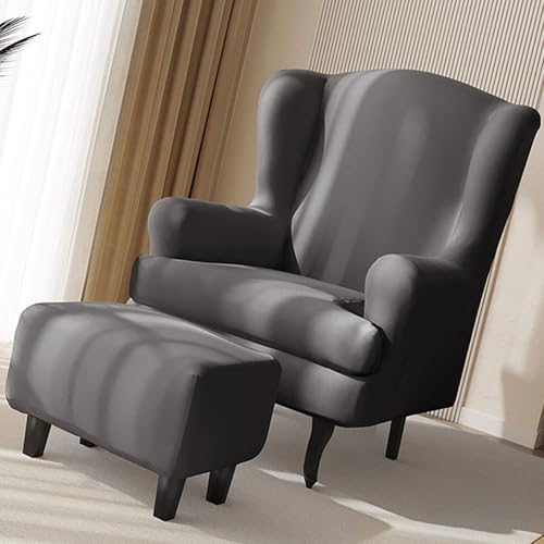 3-Teilig Ohrensessel Überzug Mit Fußhockerbezug,Sessel-Überwürfe Ohrensessel Schonbezüge Bezug Sesselhusse Stretch Tiger Stuhlbezug Mit Armlehne Hohe Rückenlehne(Color:Medium Grey) von HUIZHENSHENG