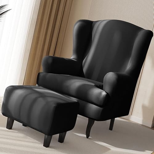 3-Teilig Ohrensessel Überzug Mit Fußhockerbezug,Sessel-Überwürfe Ohrensessel Schonbezüge Bezug Sesselhusse Stretch Tiger Stuhlbezug Mit Armlehne Hohe Rückenlehne(Color:black) von HUIZHENSHENG