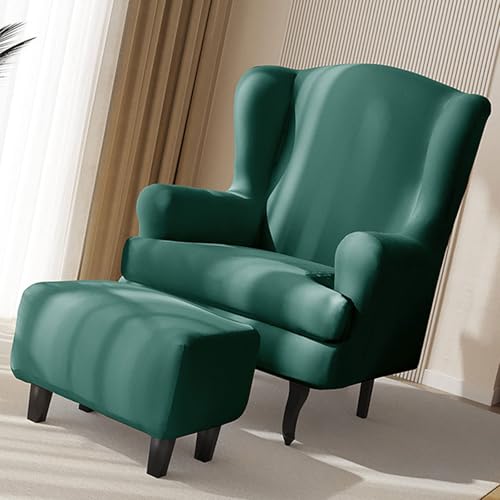 3-Teilig Ohrensessel Überzug Mit Fußhockerbezug,Sessel-Überwürfe Ohrensessel Schonbezüge Bezug Sesselhusse Stretch Tiger Stuhlbezug Mit Armlehne Hohe Rückenlehne(Color:grün) von HUIZHENSHENG