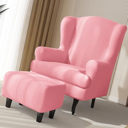 3-Teilig Ohrensessel Überzug Mit Fußhockerbezug,Sessel-Überwürfe Ohrensessel Schonbezüge Bezug Sesselhusse Stretch Tiger Stuhlbezug Mit Armlehne Hohe Rückenlehne(Color:pink) von HUIZHENSHENG
