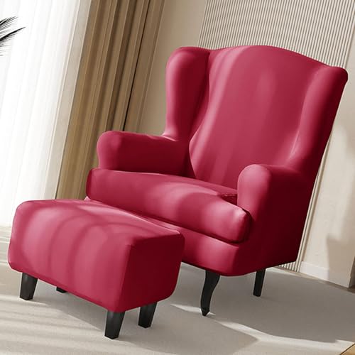 3-Teilig Ohrensessel Überzug Mit Fußhockerbezug,Sessel-Überwürfe Ohrensessel Schonbezüge Bezug Sesselhusse Stretch Tiger Stuhlbezug Mit Armlehne Hohe Rückenlehne(Color:wine red) von HUIZHENSHENG