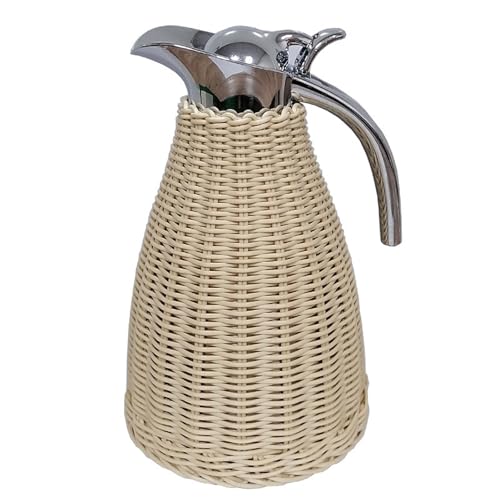 Handgewebter Rattan Thermalkrug, Kaffeethermische Karaffe Aus Edelstahl ， 1,5 Liter/50 Unzen Doppelmauerte Insellig(Color:Beige) von HUIZHENSHENG