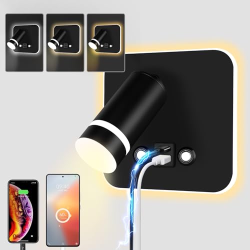 HUIZHOU Leselampe Wandmontage LED Wandleuchte Touch Control 3 Farbtemperaturen Und 12W USB Ladeanschluss 350° Drehbares Bett Leselicht Wohnzimmer und Schlafzimmer (Quadratisch schwarz) von HUIZHOU