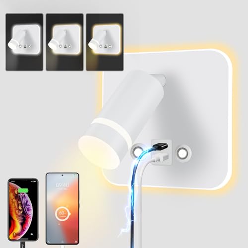 HUIZHOU Leselampe Wandmontage LED Wandleuchte Touch Control 3 Farbtemperaturen Und 12W USB Ladeanschluss 350° Drehbares Bett Leselicht Wohnzimmer und Schlafzimmer (Quadratisch weiß) von HUIZHOU