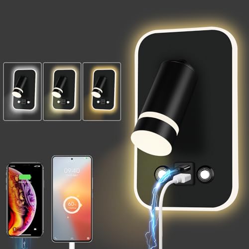 HUIZHOU Leselampe Wandmontage LED Wandleuchte Touch Control 3 Farbtemperaturen Und 12W USB Ladeanschluss 350° Drehbares Bett Leselicht Wohnzimmer und Schlafzimmer (Rechteck schwarz) von HUIZHOU