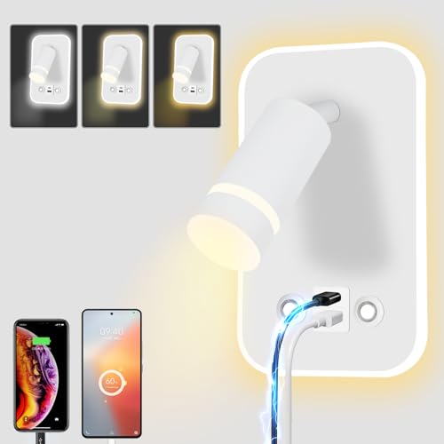HUIZHOU Leselampe Wandmontage LED Wandleuchte Touch Control 3 Farbtemperaturen Und 12W USB Ladeanschluss 350° Drehbares Bett Leselicht Wohnzimmer und Schlafzimmer (Rechteck weiß) von HUIZHOU