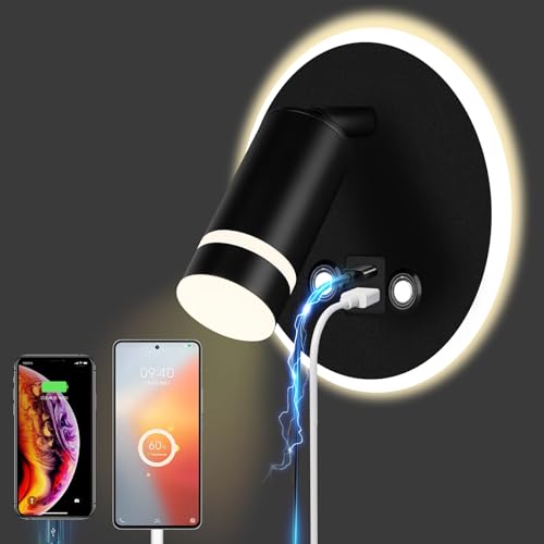 HUIZHOU Leselampe Wandmontage LED Wandleuchte Touch Control 3 Farbtemperaturen Und 12W USB Ladeanschluss 350° Drehbares Bett Leselicht Wohnzimmer und Schlafzimmer (Rund schwarz) von HUIZHOU