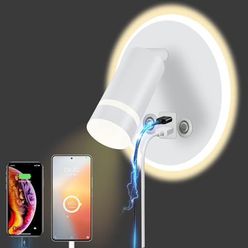 HUIZHOU Leselampe Wandmontage LED Wandleuchte Touch Control 3 Farbtemperaturen Und 12W USB Ladeanschluss 350° Drehbares Bett Leselicht Wohnzimmer und Schlafzimmer (Rund weiß) von HUIZHOU