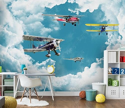 3D Tapete Blauer Himmel, Weiße Wolken, Flugzeug Fototapete Wohnzimmer Vliestapete Decoration von HUIwallpaper