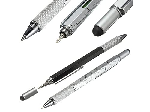 HUKITECH Multifunktionsstift PREMIUM QUALITÄT - 6 in 1 Multitool-Schraubendreher, Maßband, Wasserwaage - Schlitzschraubendreher - Sternschraubendreher - Gummispitze - Farbe: Silber von HUKITECH