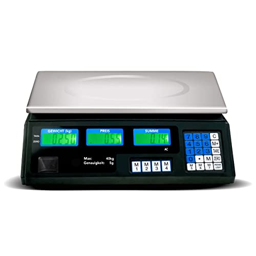 Preisrechenwaage (40 kg / 5 g) Edelstahl Waage mit LCD Display Akku Wasserwaage Tara Funktion Akkubetrieb Digital - Preiswaage Paketwaage Küchenwaage Digitalwaage von HUKITECH