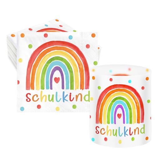 HUKUMA 30 Stück Servietten Einschulung + 12 Stück Windlicht Tischdeko Einschulung Regenbogen,Endlich Schulkind 2025 Deko, Schulanfang Deko Mädchen Jungen, Regenbogen Party, Tischdeko, 33 x 33 cm von HUKUMA