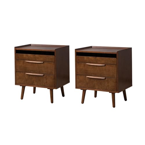 HULALA HOME Nachttisch 2er Set mit Schublade Nachtschrank mit Steckdose Mitte des Jahrhunderts moderner Nachtkommode mit Massivholzbeine Nachttisch mit ausziehbares Regal, Walnuss von HULALA HOME