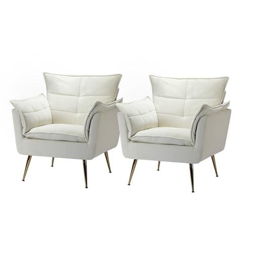 HULALA HOME Sessel gemütlich Lesesessel bequem mit goldenen Metallbeinen moderner Loungesessel aus Samt mit Dickes Sitzkissen für Wohnzimmer und Schlafzimmer 2er Set, Weiß von HULALA HOME