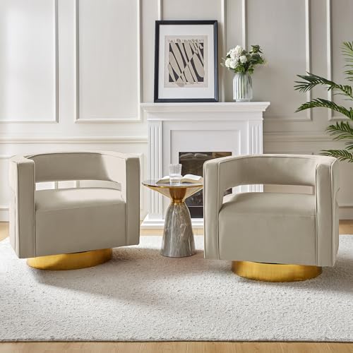 HULALA HOME Sessel gemütlich Loungesessel Clubsessel mit ergonomische Rückenlehne und goldenem Metallgestell drehbar Lesesessel aus Samt für Wohnzimmer und Schlafzimmer 2er Set, Beige von HULALA HOME
