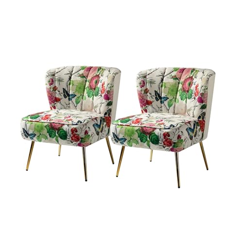 HULALA HOME Esszimmerstühle 2er Set, Moderne gepolsterter Küchenstühle ohne Armlehnen Esszimmerstühle mit goldenen Metallbeinen Blumen Muster für Esszimmer Wohnzimmer Schlafzimmer, 66Bx76Tx79H, Weiß von HULALA HOME