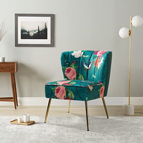 HULALA HOME Esszimmerstuhl mit goldenen Metallbeinen gemütlich getuftet Ohrensessel Floral Stoff kleine armlose Stuhl, gepolstert Schminktisch Stuhl für Wohnzimmer, Schlafzimmer, Lesezimmer, Blau von HULALA HOME