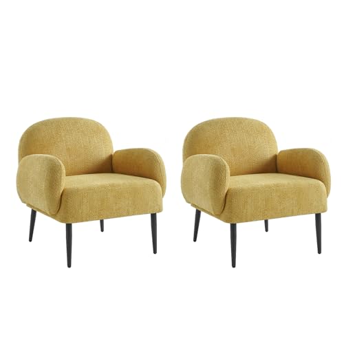 HULALA HOME Moderner Boucle Sessel 2er Set Gemütlicher Loungesessel mit Metallfüßen Boucle-Garn Bezug Ergonomische Armlehnen für Wohnzimmer und Schlafzimmer, Gelb von HULALA HOME