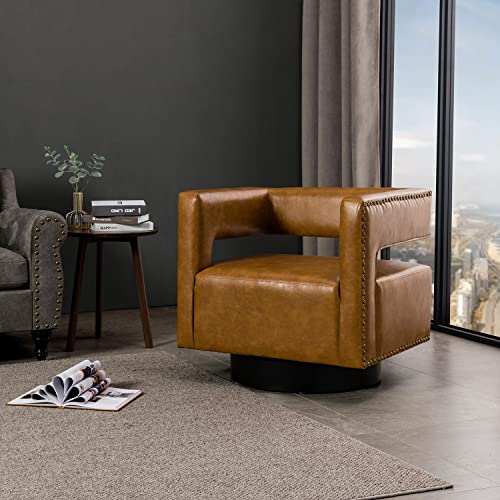 HULALA HOME Moderner Leder-Dreh-Sessel mit offener 3D-Rückenlehne und Metallbasis, 360-Grad-Dreh-Leder-Clubsessel für Gästeempfang, Wohnzimmer, Kamel von HULALA HOME