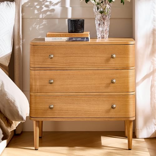 HULALA HOME Moderner Nachttisch mit Ladestation, 3 Schubladen, Nachttisch aus Holz mit Massivholzbeinen & verstellbaren Füßen, gebogenes Design Beistelltisch, Eiche von HULALA HOME