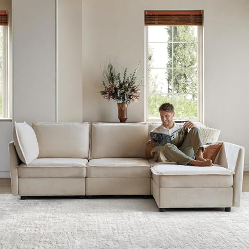 HULALA HOME Modulares XXL 3-Sitzer L-förmiges Sofa mit verstecktem Stauraum Couch mit Extrabreite Sitzflächen, frei kombinierbar & waschbare Bezüge, Beige von HULALA HOME