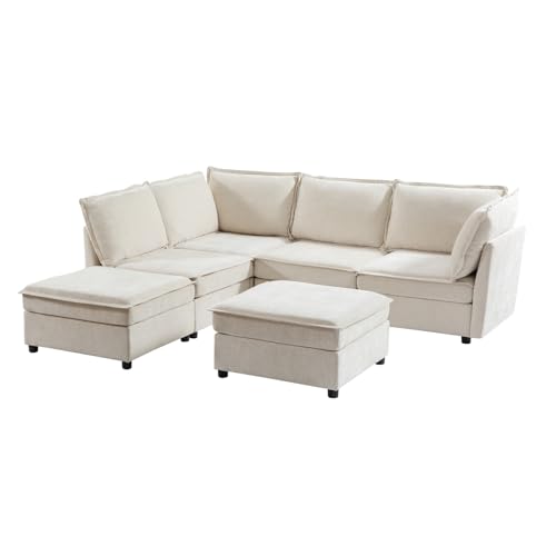 HULALA HOME Modulares XXL 5-Sitzer U-förmiges Sofa mit verstecktem Stauraum Couch mit Extrabreite Sitzflächen, frei kombinierbar & waschbare Bezüge, Beige von HULALA HOME