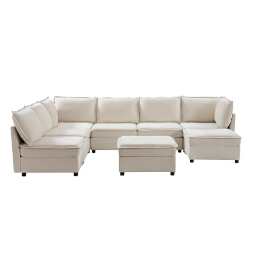 HULALA HOME Modulares XXL 7-Sitzer U-förmiges Sofa mit verstecktem Stauraum Couch mit Extrabreite Sitzflächen, frei kombinierbar & waschbare Bezüge, Beige von HULALA HOME