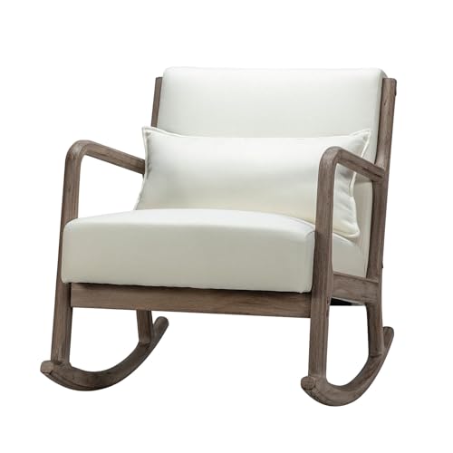 HULALA HOME Schaukelstuhl mit Lendenkissen Mitte des Jahrhunderts Design Schaukelsessel Sessel mit Holzbeinen für Wohnzimmer Schlafzimmer, Weiß von HULALA HOME