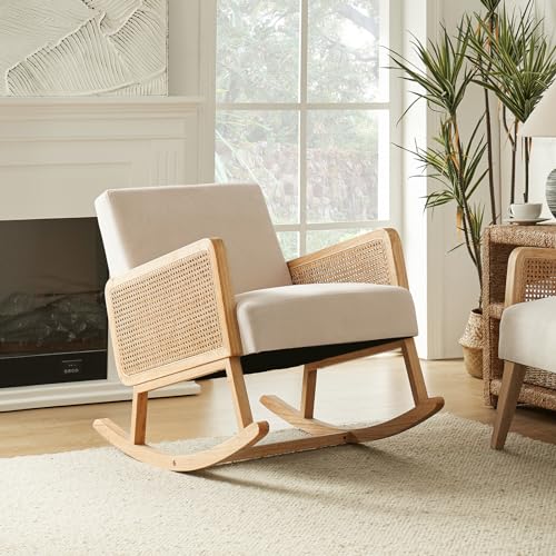 HULALA HOME Schaukelstuhl mit Rattan Armlehnen Wohnzimmer Sessel mit Holzrahmen Schaukelsessel aus Polsterung für Schlafzimmer, Tan von HULALA HOME