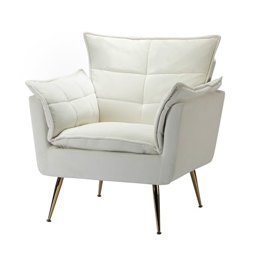 HULALA HOME Sessel gemütlich Lesesessel bequem mit goldenen Metallbeinen moderner Loungesessel aus Samt mit Dickes Sitzkissen für Wohnzimmer und Schlafzimmer, Weiß von HULALA HOME