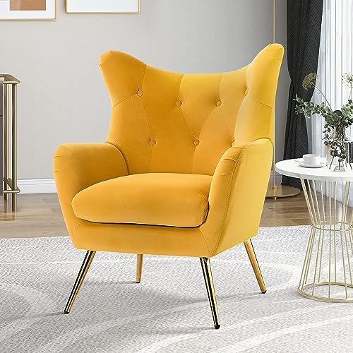 HULALA HOME Sessel, Armsessel, Lehnsessel, bequemer und gepolsterter Loungesessel mit goldfarbenen Metallbeinen, Ohrensessel für das Wohnzimmer, Schlafzimmer, Gelb von HULALA HOME