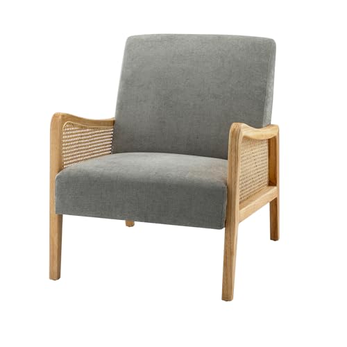 HULALA HOME Sessel Mid-Century Modern Sessel, samtgepolsterte Stühle mit Bambusstrick, bequemer Leinenstoffsessel mit Rattan-Armlehnen für Wohnzimmer, Grau von HULALA HOME