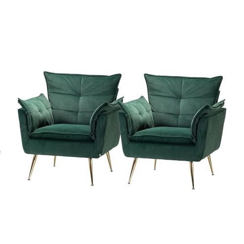 HULALA HOME Sessel gemütlich Lesesessel bequem mit goldenen Metallbeinen moderner Loungesessel aus Samt mit Dickes Sitzkissen für Wohnzimmer und Schlafzimmer 2er Set, Grün von HULALA HOME