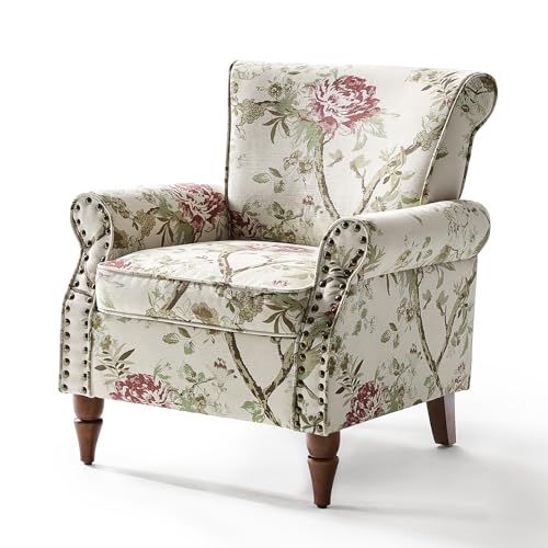 HULALA HOME Sessel gemütlich Ohrensessel Lesesessel bequem mit gerollten Armlehnen und Rücken Massivholzbeinen und Blumenmuster für Wohnzimmer Schlafzimmer, Weiß von HULALA HOME