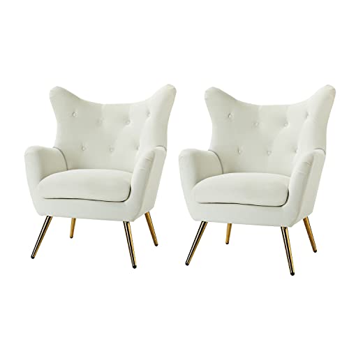 HULALA HOME Sessel gemütlich Ohrensessel gepolstert mit goldenen Metallbeinen Lesesessel bequem Loungesessel aus Samt für Wohnzimmer Schlafzimmer 2er Set, Weiß von HULALA HOME