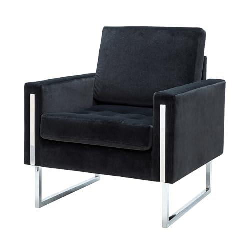 HULALA HOME Sessel moderner Samt-Akzentsessel mit Rücken- und Sitzkissen, bequemer gepolsterter Clubsessel mit Metallbeinen, getufteter Sessel für Wohnzimmer, Schlafzimmer, Schwarz von HULALA HOME