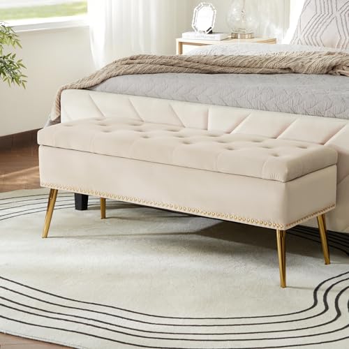 HULALA Home Sitzbank mit Stauraum, Polsterbank mit Nailhead-Besatz, Bettbank aus Samt, Bank mit goldenen Metalbeinen für Eingangsbereich, Wohnzimmer, Schlafzimmer, Beige (Tan) von HULALA HOME