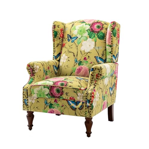 HULALA HOME Wingback Sessel im Vintage-Stil mit Blumenmuster Lesesessel mit Massivholz-Spindelbeine Loungesessel mit Kupfernieten, Gelb von HULALA HOME