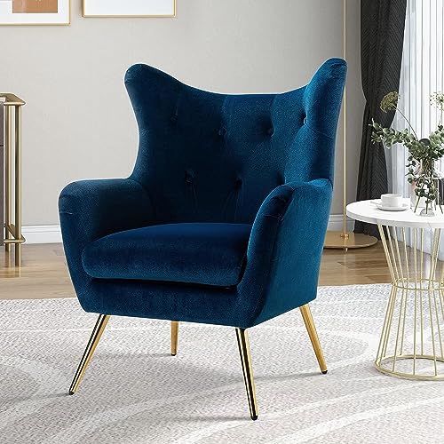 HULALA HOME Sessel, Armlehnensessel, bequemer und gepolsterter Loungesessel mit goldenen Metallbeinen, Ohrensessel für das Wohnzimmer, Schlafzimmer, Blau von HULALA HOME