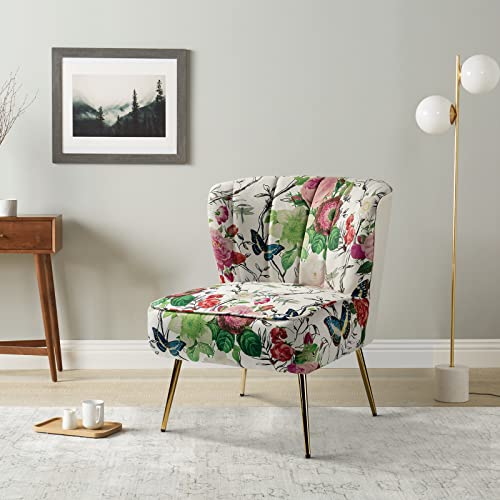 HULALA HOME Esszimmerstuhl mit goldenen Metallbeinen gemütlich getuftet Ohrensessel Floral Stoff kleine armlose Stuhl, gepolstert Schminktisch Stuhl für Wohnzimmer, Schlafzimmer, Lesezimmer, Weiß von HULALA HOME