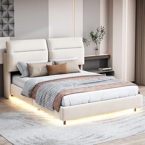 HULUWA Doppelbett 160x200 cm,Polsterbett mit Verstellbarem Kopfteil,Paarbett mit Stauraum und LED-Beleuchtung,Ergonomisches samt Rückenbett mit Holz Lattenrost und Metall,Ohne Matratze,Beige Weiß von HULUWA