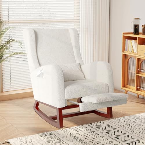 HULUWA Moderner Schaukelsessel,Schaukelstuhl Stillsessel mit Fußstütze bequemer Sessel bis 136 kg belastbar für Wohnzimmer,Schlafzimmer(weiß, Beinstütze, Lammwolle) von HULUWA