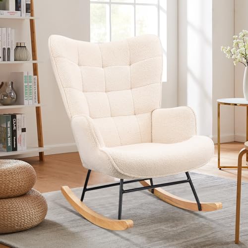 HULUWA Moderner Schaukelstuhl Relaxstuhl Sessel Stuhl,Lounge-Sessel mit hoher Rückenlehn,bis 136 kg belastbar Rosa Lounge Chair fürs Wohnzimmer Schlafzimmer Balkon(Weiß) von HULUWA