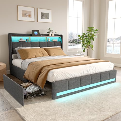 HULUWA Polsterbett 140x200cm mit Stauraum,Doppelbett mit LED und USB-Ladefunktion,Jugendbett mit 4 Schubladen,Funktionsbett Bettgestell mit Lattenrost,Linen,Ohne Matratze,Dunkelgrau HULUWA Polsterbett 140x200cm mit Stauraum,Doppelbett mit LED und USB-Ladefunktion,Jugendbett mit 4 Schubladen,Funktionsbett Bettgestell mit Lattenrost,Linen,Ohne Matratze,Dunkelgrau von HULUWA