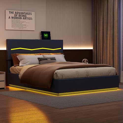 HULUWA Polsterbett 160 x 200 cm,Doppelbett LED-Beleuchtung,Funktionsbett mit großem Stauraum und USB-Aufladung,Jugendbettgestell mit verstellbarem Kopfteil und Lattenrost, Ohne Matratze(Schwarz) von HULUWA